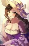  1girl :o black_hair blurry blush bokeh breasts cleavage collarbone cross-laced_clothes depth_of_field dress frilled_sleeves frills hat highres idolmaster idolmaster_cinderella_girls large_breasts long_hair looking_at_viewer mukai_takumi purple_dress shangzi solo sun_hat very_long_hair wavy_hair wide_sleeves 