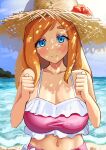  1girl bare_arms bare_shoulders beach bikini blue_eyes blush breasts closed_mouth cloud commentary curled_fingers dot_nose forehead frills harohapi!_shinonome_megu-chan_no_oheya hat highres island large_breasts long_hair looking_at_viewer midriff navel ocean orange_hair outdoors pink_bikini sagging_breasts sand shadow shinonome_megu sky smile solo split_mouth straw_hat suzume_b swimsuit thick_eyebrows upper_body virtual_youtuber 