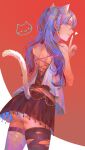  1girl absurdres animal_ears asymmetrical_legwear back bare_shoulders black_thighhighs blue_eyes blue_hair cat_ears cat_girl cat_tail finger_to_mouth fingernails grey_thighhighs hatsune_miku heart highres kinakomocci518 long_hair looking_at_viewer looking_back mismatched_legwear multicolored_hair panties parted_lips purple_hair shushing skindentation slit_pupils smile solo streaked_hair tail thighhighs twintails underwear vocaloid white_panties 