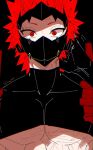  1boy black_background black_gloves boku_no_hero_academia covered_mouth cracked_skin gloves hane11254 highres kirishima_eijirou looking_at_viewer male_focus mask pectorals red_eyes red_hair solo spiked_hair straight-on twitter_username upper_body veins 
