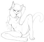  2020 ankama anthro black_and_white breasts dofus ecaflip felid feline female front_view full-length_portrait genitals hand_behind_head mammal miranda_(wakfu) monochrome nipples nude pigtails portrait pussy sitting sketch solo video_games w4g4 wakfu 