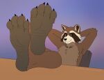  2022 4_toes aliscik anthro brown_body brown_fur claws digital_media_(artwork) feet feet_on_table foot_focus fur furniture gradient_background guardians_of_the_galaxy humanoid_feet male mammal marvel procyonid raccoon reclining rocket_raccoon simple_background sitting smile soles solo table tan_body tan_fur toe_claws toes whiskers 