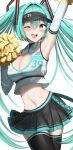  1girl absurdres aqua_eyes aqua_hair arm_up armpits breasts cheerleader elbow_gloves gloves hana_hebi hatsune_miku highres navel open_clothes simple_background skirt solo sweat sweatdrop twintails visor_cap vocaloid 