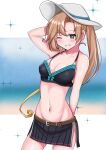  1girl absurdres akigumo_(kancolle) alternate_costume arm_behind_head arm_up bikini bikini_skirt black_bikini blonde_hair breasts brown_hair collarbone cowboy_shot gradient_hair green_eyes hat highres kantai_collection long_hair multicolored_hair navel one_eye_closed ponytail small_breasts solo swimsuit tokiwa_senkei white_headwear 