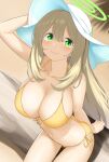  1girl absurdres bikini blue_archive breasts brown_hair closed_mouth green_eyes halo hat hatakenaka_(kamagabuchi) highres large_breasts long_hair looking_at_viewer navel nonomi_(blue_archive) nonomi_(swimsuit)_(blue_archive) side-tie_bikini smile solo swimsuit white_headwear yellow_bikini 