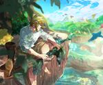  1boy barefoot bird blonde_hair blue_eyes blurry blurry_foreground boots boots_removed earrings full_body hair_between_eyes highres jewelry leaf link looking_to_the_side male_focus medium_hair mountain nature outdoors pra_11 shirt sidelocks sitting sleeves_rolled_up smile solo sword the_legend_of_zelda the_legend_of_zelda:_skyward_sword water weapon white_shirt wringing_clothes 