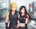  1boy 1girl apron arm_ribbon armor bare_shoulders belt black_gloves black_hair blonde_hair blue_eyes blurry blurry_background breasts city cloud_strife collarbone couple crop_top earrings final_fantasy final_fantasy_vii final_fantasy_vii_advent_children fingerless_gloves gloves hand_on_another&#039;s_hip high_collar jewelry large_breasts long_hair midriff_peek multiple_belts navel outdoors red_eyes red_gloves ribbon shoulder_armor spiked_hair stup-jam tifa_lockhart waist_apron 