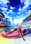  1girl :d black_footwear bodysuit boots car commentary fujima_takuya gloves ground_vehicle helmet highres highspeed_etoile holding holding_helmet key_visual long_hair looking_at_viewer motor_vehicle official_art pink_bodysuit pink_hair pink_helmet promotional_art race_vehicle racecar racing_suit rindoh_rin shoulder_pads smile solo sports_car vehicle_focus wide_shot 