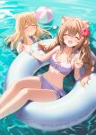  2girls :d absurdres animal_ear_fluff animal_ears ball beachball bikini blonde_hair blush braid brown_hair closed_eyes fang flower hair_flower hair_ornament hair_ribbon highres innertube long_hair multiple_girls nyum original partially_submerged purple_bikini ribbon skin_fang smile swimsuit twin_braids v water 