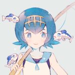  1girl blue_eyes blue_hair blue_sailor_collar bright_pupils closed_mouth commentary_request fishing_rod grey_background hairband holding holding_fishing_rod lana_(pokemon) lowres pokemon pokemon_(creature) pokemon_(game) pokemon_sm ryokuno_green sailor_collar shirt short_hair sleeveless sleeveless_shirt smile upper_body white_shirt wishiwashi wishiwashi_(solo) yellow_hairband 