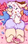  &lt;3 anthro bed bedroom butt cake cat_toy clothing cute_expression dessert felineblack_(artist) female food furniture glistening glistening_body hi_res lagomorph leporid mammal panties pawpads paws pillow pillow_hug rabbit solo star thick_thighs toy underwear 