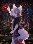  anthro blush bottomwear breasts chest_tuft clothed clothing digital_media_(artwork) eyes_closed female fireworks fur gesture grey_hair hair hi_res highlights_(coloring) hoodie looking_at_viewer mammal night open_clothing open_mouth open_shirt open_topwear outside pointing rear_view red_body red_fur red_highlights shirt shorts smile solo topwear tuft white_body white_fur youjyo1223 