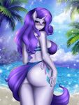  2022 absurd_res anthro ashimaroo bikini blush butt clothing cutie_mark digital_media_(artwork) equid equine eyebrows eyelashes female fingers friendship_is_magic hasbro hi_res horn looking_at_viewer mammal my_little_pony outside rarity_(mlp) solo swimwear unicorn water wet wet_body 