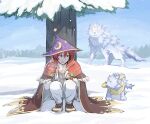  1boy bangs brown_cape brown_footwear cape capelet commentary_request crescent crescent_hat_ornament day fingerless_gloves full_body fur-trimmed_capelet fur_trim gloves hat hat_ornament hatii_(ragnarok_online) high_wizard_(ragnarok_online) natsuya_(kuttuki) open_mouth outdoors pants purple_headwear ragnarok_online ragnarok_origin red_capelet shirt shoes short_hair smile snow snowing tree white_gloves white_pants white_shirt witch_hat 