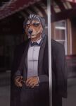  2022 anthro artist_name black_bottomwear black_clothing black_pants blurred_background bottomwear bow_tie brown_body brown_eyes brown_fur canid cheek_tuft cigar clothed clothing dated demireality eyebrows facial_tuft floppy_ears front_view fur glistening glistening_eyes glistening_nose grey_body grey_bow_tie grey_ears grey_eyebrows grey_fur grey_hair grey_nose hair hi_res holding_cigar holding_object male mammal multicolored_hair pants smile solo standing topwear tuft two_tone_hair white_clothing white_eyebrows white_hair white_topwear 