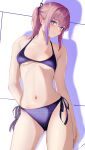  1girl 3_small_spiders absurdres alternate_costume arm_behind_back bangs bare_shoulders bikini blue_eyes blush breasts closed_mouth collarbone commentary contrapposto cowboy_shot feet_out_of_frame girls&#039;_frontline hair_ornament hairclip highres long_hair looking_at_viewer navel pink_hair purple_bikini purple_swimsuit side_ponytail simple_background small_breasts solo st_ar-15_(girls&#039;_frontline) standing stomach swimsuit 
