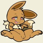  1:1 brown_body eevee female feral genitals hi_res itsunknownanon looking_at_viewer lying nintendo open_mouth pok&eacute;mon pok&eacute;mon_(species) presenting presenting_pussy pussy quadruped red_eyes simple_background solo solo_focus spread_legs spreading tan_body video_games 