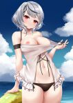  1girl arm_strap bangs bare_shoulders bikini bikini_bottom_only black_bikini blue_sky blush braid breasts breasts_out closed_mouth clothes_pull collarbone cowboy_shot day grey_hair highres hololive innertube large_breasts looking_at_viewer multicolored_hair nail_polish navel nipples ocean outdoors pulled_by_self red_eyes red_nails sakamata_chloe short_hair sky smile solo streaked_hair swimsuit two-tone_hair umou_(may65879) water 