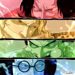  4boys beard black_hair edward_newgate eye_focus facial_hair glasses gol_d._roger grin highres jewelry long_hair looking_to_the_side male_focus manly monkey_d._garp multicolored_hair multiple_boys multiple_monochrome mustache old old_man one_piece panels round_eyewear scar sengoku_(one_piece) short_hair signature smile tacchan56110 two-tone_hair white_hair 