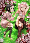  2girls absurdres armpits arms_behind_head benisumomo black_eyes black_hair choker closed_eyes day feet flower grass hair_ornament hairclip highres holding holding_flower japanese_clothes kimono kunoichi_tsubaki_no_mune_no_uchi long_hair looking_at_another lying medium_hair multiple_girls on_back on_ground on_side outdoors pantyhose pink_hair playing_with_another&#039;s_hair riokasen rock sarashi shuriken_hair_ornament socks soles toes touwata_(kunoichi_tsubaki_no_mune_no_uchi) yuri 