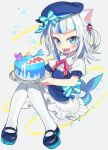  1girl :d aqua_bow aqua_eyes aqua_nails artist_name beret blue_footwear blue_headwear blush bow cake commentary_request fish_tail food fork frilled_skirt frills full_body gawr_gura hat highres holding holding_food holding_fork holding_plate hololive looking_at_viewer negi_(ulog&#039;be) open_mouth plate puffy_sleeves ribbon shark_girl shark_tail sharp_teeth short_sleeves signature simple_background skirt smile solo star_(symbol) striped striped_ribbon tail teeth twitter_username virtual_youtuber white_background white_hair 