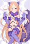  1girl abigail_williams_(fate) animal_ears bangs bare_shoulders blonde_hair blue_eyes blush breasts claw_pose cosplay elbow_gloves fate/grand_order fate_(series) fur-trimmed_gloves fur-trimmed_legwear fur_collar fur_trim gloves highres jilu lace-trimmed_legwear lace_trim long_hair looking_at_viewer mash_kyrielight mash_kyrielight_(dangerous_beast) mash_kyrielight_(dangerous_beast)_(cosplay) o-ring o-ring_top open_mouth parted_bangs purple_gloves purple_thighhighs revealing_clothes small_breasts solo tail thighhighs thighs wolf_ears wolf_tail 