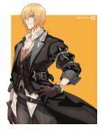  1boy belt black_pants blonde_hair blue_eyes bracelet coat dated eizen_(tales) gloves hair_between_eyes hand_on_hip jewelry kinako_(462) looking_afar male_focus pants short_hair simple_background smile solo tales_of_(series) tales_of_berseria undershirt waistcoat yellow_background 