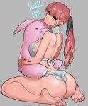 1girl agawa_ryou ass back backless_outfit bangs bare_back bare_shoulders breasts earrings feet frills from_behind hug huge_ass jewelry large_breasts long_hair looking_at_viewer object_hug original pink_hair sideboob smile solo stuffed_animal stuffed_toy thick_eyebrows thighs toy 