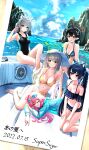  5girls absurdres ahoge animal_ear_fluff animal_ears arm_up armpits ayane_(blue_archive) ayane_(swimsuit)_(blue_archive) bare_arms bare_legs bare_shoulders barefoot bikini black_bikini black_hair black_swimsuit blue_archive blue_bikini blue_eyes blue_jacket boat breasts cleavage closed_mouth collarbone competition_swimsuit covered_navel crossed_legs day extra_ears eyewear_on_head fox_ears frilled_bikini frills front-tie_bikini front-tie_top green_eyes grey_hair halo halter_top halterneck hands_on_own_thighs hat highleg highleg_swimsuit highres hoshino_(blue_archive) hoshino_(swimsuit)_(blue_archive) jacket large_breasts long_hair looking_at_viewer lying medium_breasts midriff multiple_girls navel nonomi_(blue_archive) nonomi_(swimsuit)_(blue_archive) off-shoulder_bikini off_shoulder one-piece_swimsuit one_eye_closed open_clothes open_shirt outdoors parted_lips photo_(object) pink_hair pointy_ears ponytail red_eyes revision see-through serika_(blue_archive) serika_(swimsuit)_(blue_archive) shiroko_(blue_archive) shiroko_(swimsuit)_(blue_archive) short_ponytail side-tie_bikini sitting smile stomach string_bikini striped striped_bikini sun_hat sunglasses supersugar swimsuit thighs twintails v-shaped_eyebrows very_long_hair watercraft white_headwear yellow_bikini yellow_eyes yokozuwari 