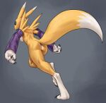  2020 3_fingers anthro armwear armwear_only bandai_namco breasts butt claws clothing digimon digimon_(species) female fingers full-length_portrait fur hi_res low-angle_view mammal mostly_nude on_one_leg portrait rear_view renamon side_boob solo standing w4g4 yellow_body yellow_fur 