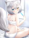  1girl animal_ear_fluff animal_ears ashitaba_kemo bangs bare_arms bare_shoulders blue_eyes blush bra breasts closed_mouth commentary_request day food from_behind grey_hair hair_between_eyes heterochromia highres holding holding_food indoors looking_at_viewer looking_back original panties popsicle short_hair sitting small_breasts solo sunlight underwear underwear_only white_bra white_panties window yellow_eyes 