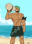  1boy abs alcohol armband beach clenched_hand closed_eyes dkirbyj drinking earrings gourd green_hair holding jewelry male_focus male_swimwear muscular muscular_male ocean one_piece pectorals roronoa_zoro scar scar_across_eye scar_on_chest short_hair solo standing swim_trunks swimsuit 