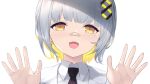  1girl :d bandaid bandaid_on_face bandaid_on_nose bangs black_necktie blonde_hair brown_eyes cait_aron collared_shirt commentary earrings fangs grey_hair hachi_(live_union) hair_ornament hands_up highres jacket jewelry live_union looking_at_viewer mole mole_under_eye multicolored_hair necktie shirt simple_background smile solo two-tone_hair upper_body virtual_youtuber white_background white_jacket white_shirt x_hair_ornament 