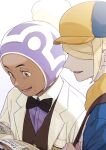  2boys beanie black_necktie blonde_hair blue_jumpsuit brown_vest buttons collared_shirt commentary_request facial_hair grey_eyes hat holding_strap jumpsuit labcoat laventon_(pokemon) lower_teeth magazine_(object) male_focus multiple_boys necktie open_mouth pokemon pokemon_(game) pokemon_legends:_arceus purple_headwear sankaku shirt short_hair smile strap teeth tongue vest volo_(pokemon) white_background yellow_headwear 