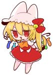  1girl :3 animal_ears ascot barefoot bell blonde_hair cat_ears collared_shirt crystal ears_through_headwear fang flandre_scarlet frilled_shirt_collar frilled_skirt frilled_sleeves frills hat highres jingle_bell medium_hair mob_cap one_side_up op_na_yarou puffy_short_sleeves puffy_sleeves red_eyes red_footwear red_skirt red_vest shirt short_sleeves simple_background skirt skirt_set slit_pupils smile solo touhou vest white_background white_headwear white_shirt wings wrist_cuffs yellow_ascot 
