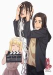  artist_name blonde_hair brown_hair clapperboard closed_eyes coat dated disembodied_head eren_yeager green_eyes grin headband highres holding_head looking_at_another shiba_chi4 shingeki_no_kyojin smile spoilers teeth white_background ymir_fritz 