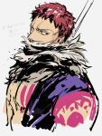  1boy absurdres arm_tattoo bare_pectorals charlotte_katakuri chest_tattoo covered_mouth cropped_torso highres looking_at_viewer male_focus one_piece open_clothes open_vest pectorals red_eyes red_hair santa65 scarf scarf_over_mouth short_hair shoulder_tattoo solo stitches tattoo upper_body vest 
