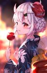  1girl absurdres bangs black_kimono blurry blurry_background blush braid braided_bun candy_apple closed_mouth commentary_request depth_of_field fang fang_out festival floral_print food grey_hair hair_bun hand_fan highres holding holding_food hololive horns japanese_clothes kimono looking_at_viewer looking_back masaki_(msk064) mask mask_on_head multicolored_hair nakiri_ayame oni oni_horns oni_mask paper_fan print_kimono red_eyes red_hair smile solo streaked_hair uchiwa virtual_youtuber yukata 