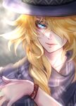  1boy absurdres blonde_hair blue_eyes bracelet closed_mouth grey_shirt hair_over_one_eye hat highres ichimonji_norimune jewelry long_hair long_sleeves looking_at_viewer male_focus one_eye_covered shirt solo touken_ranbu wavy_hair zasikirou 