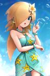  1girl absurdres alternate_costume blonde_hair blue_eyes breasts dress earrings flower gonzarez hair_flower hair_ornament hair_over_one_eye highres jewelry mario_(series) medium_breasts one_eye_covered open_mouth rosalina solo super_mario_galaxy 