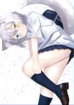  1girl adjusting_clothes adjusting_legwear animal_ear_fluff animal_ears ashitaba_kemo ass bag bangs black_footwear black_skirt blue_eyes blush closed_mouth commentary_request grey_hair hair_between_eyes heterochromia highres kneehighs loafers original panties pleated_skirt school_bag school_uniform shirt shoes short_sleeves skirt socks solo standing standing_on_one_leg tail underwear white_background white_panties white_shirt yellow_eyes 