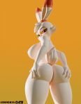  anthro big_breasts big_butt blender_(software) breasts butt butt_grab dr4ch3n female hand_on_butt hi_res looking_at_viewer looking_back nintendo nipple_piercing nipples orange_eyes piercing pok&eacute;mon pok&eacute;mon_(species) scorbunny solo thick_thighs video_games 