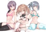  3girls absurdres akebono_(kancolle) aqua_bikini aqua_choker aqua_thighhighs bell bikini black_bow black_bowtie black_choker black_thighhighs bow bowtie breasts brown_eyes choker double_bun flower grey_hair hair_bell hair_bun hair_flower hair_ornament highres jingle_bell kantai_collection kasumi_(kancolle) ken_(shutenndouji1) light_brown_hair long_hair looking_at_viewer michishio_(kancolle) multiple_girls pink_bikini purple_eyes purple_hair short_twintails side_ponytail simple_background sitting small_breasts swimsuit thighhighs trait_connection twintails very_long_hair wariza white_background white_bikini white_thighhighs 