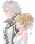  1boy 1girl bangs bare_shoulders blonde_hair blue_eyes braid breasts brother_and_sister coat detached_sleeves dress falling_petals final_fantasy final_fantasy_xv grey_eyes grey_hair high_collar jewelry long_hair looking_at_another lunafreya_nox_fleuret medium_breasts medium_hair necklace open_collar parted_bangs parted_lips petals ponytail profile ravus_nox_fleuret regan_(hatsumi) siblings smile strapless strapless_dress upper_body white_background white_coat white_dress 