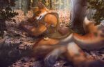  anthro butt canid canine clothed clothing ear_piercing forest forest_background fox fur hi_res leaf looking_at_viewer male mammal nature nature_background orange_body orange_fur partially_clothed pawpads paws piercing plant solo tree zen 