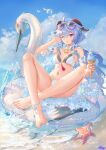  1girl absurdres ahoge air_bubble artist_name atdan bangs bare_legs barefoot bell bikini blue_hair breasts bubble cloud crossed_ankles day eyewear_on_head feet food full_body ganyu_(genshin_impact) genshin_impact hair_between_eyes hand_up highres holding holding_food horns ice_cream ice_cream_cone inflatable_toy innertube long_hair looking_at_viewer medium_breasts navel neck_bell one_eye_closed outdoors parted_lips purple_eyes sitting slime_(genshin_impact) solo starfish stomach sunglasses swimsuit tassel toes very_long_hair water white_bikini 