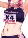  1girl armpits arms_up breasts hair_ornament hairpin head_out_of_frame midriff mouth_hold navel one-piece_tan pink_hair race_bib rail_wars! sakurai_aoi shiny shiny_skin solo sports_bra sportswear sweat tan tanlines vania600 