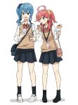  2girls absurdres ahoge alternate_costume bag bangs black_footwear black_skirt black_socks blue_eyes blue_hair blush boots bow bowtie brown_vest cellphone collared_shirt crepe cup disposable_cup drinking_straw_in_mouth food food_on_face full_body green_eyes hair_ornament hairclip highres holding holding_cup holding_food holding_phone hololive hoshimachi_suisei kaigaraori knees lanyard long_sleeves miniskirt multiple_girls phone pink_hair red_bow sakura_miko satchel school_uniform shadow shirt shoes simple_background skirt smartphone socks vest virtual_youtuber white_background white_footwear white_shirt x_hair_ornament 