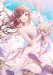  1girl :d bare_shoulders blue_sky bouquet breasts brown_eyes brown_hair cleavage cloud commentary commission day dress floating_hair flower hair_flower hair_ornament hair_ribbon holding holding_bouquet long_hair looking_at_viewer medium_breasts miori_celesta original ozzingo red_ribbon ribbon sky smile solo strapless strapless_dress very_long_hair white_dress white_flower 