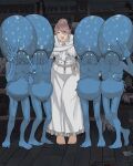  1girl 4others arm_around_shoulder barefoot bloodborne blue_skin brown_hair celestial_emissary cloak colored_skin giganticbuddha glowing glowing_eyes highres iosefka leaning_forward multiple_others open_mouth side-by-side small_celestial_emissary smile v 